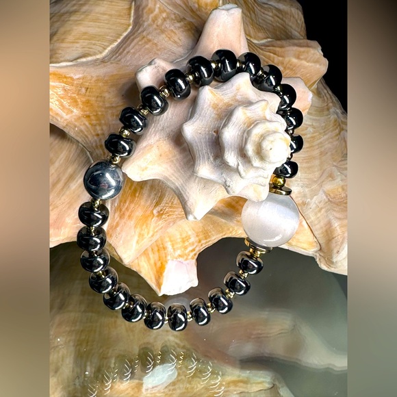 HEMATITE + SELENITE STONES NATURAL BRACELET size 7” - Picture 2 of 12